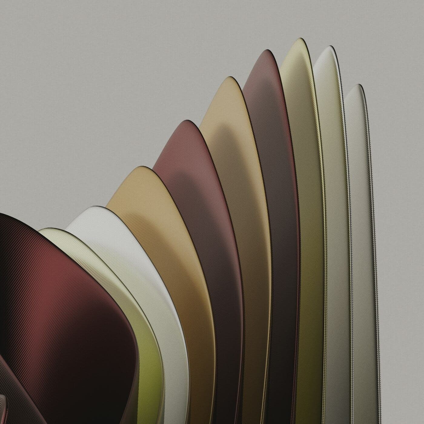 Square crop of fanned curved fabric swatches in neutral and warm tones, a colour reference card